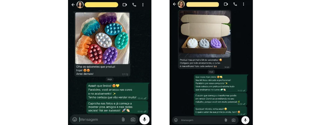 Duas alunas mostrando sabonetes artesanais que produziram apos o curso