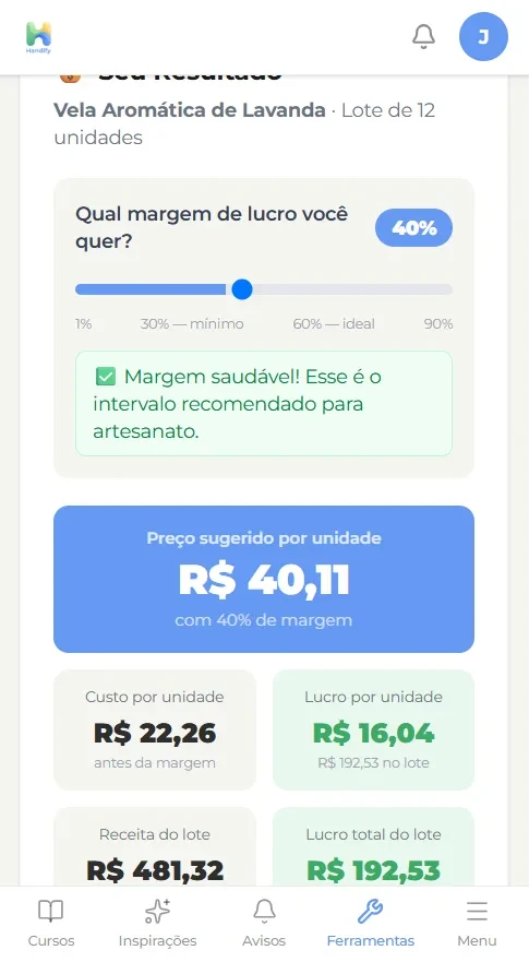 Tela de resultado da Calculadora de Lucro no celular: preço sugerido de R$40,11 por vela, custo de R$22,26 e lucro de R$16,04 por unidade.